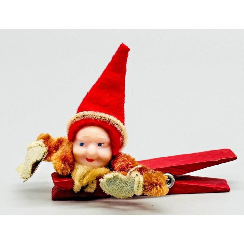 Vintage Pressed Paper Pulp Face Chenille Man Elf Clothes Pin Christmas 3 inch